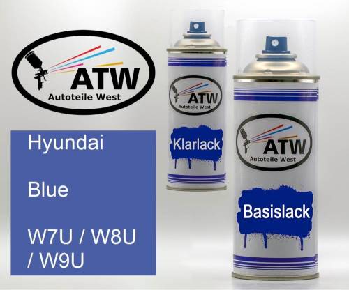 Hyundai, Blue, W7U / W8U / W9U: 400ml Sprühdose + 400ml Klarlack - Set, von ATW Autoteile West.